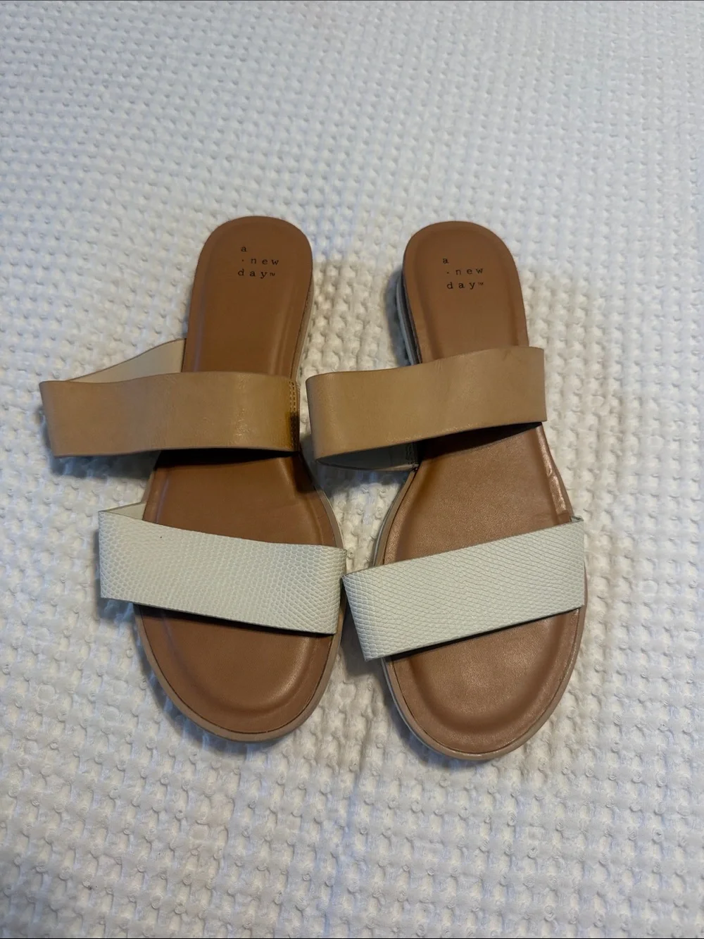 a new day Two-Band Slide Sandals in Taupe and Cream